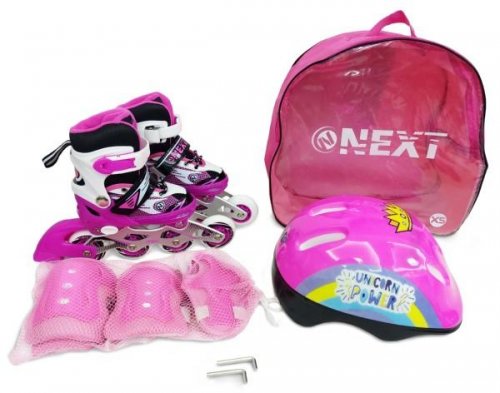 Next набор: ролики раздвижные, размер 27-30, с защитой и шлемом в рюкзаке 286678 / цвет фиолетово-розовый