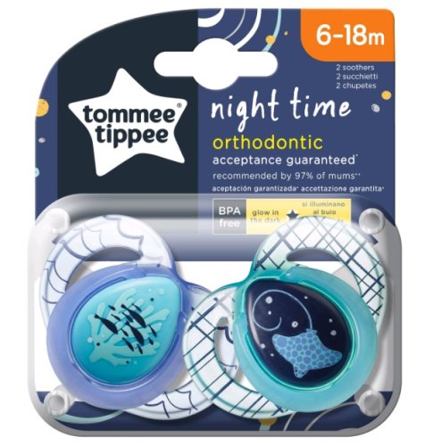 Tommee Tippee Пустышка силиконовая Night Time Peste/Pisica, 6-18 месяцев, 2 штуки