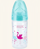 NUK NEW CLASSIC Бутылочка 150 мл с соской First Choise Plus из силикона со средним отверстием, 0-6 месяцев, Розовые фламинго