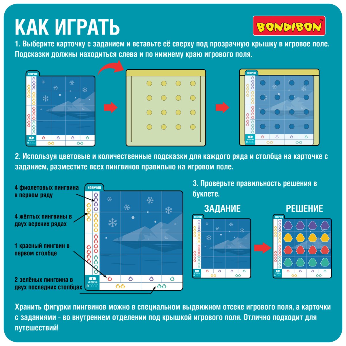 Bondibon Настольная логическая игра БондиЛогика Смекалочка. Цветные пингвины  / цвет синий купить в Сочи